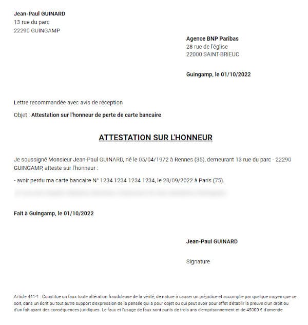 attestation perte et vol de CB