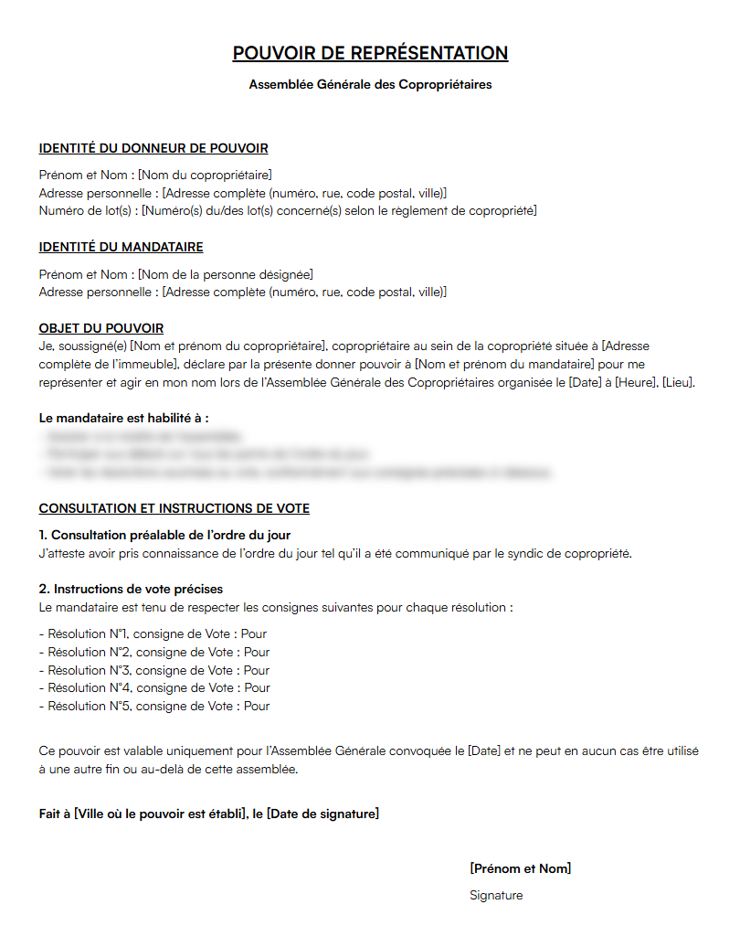 pouvoir representation copropriétaire 