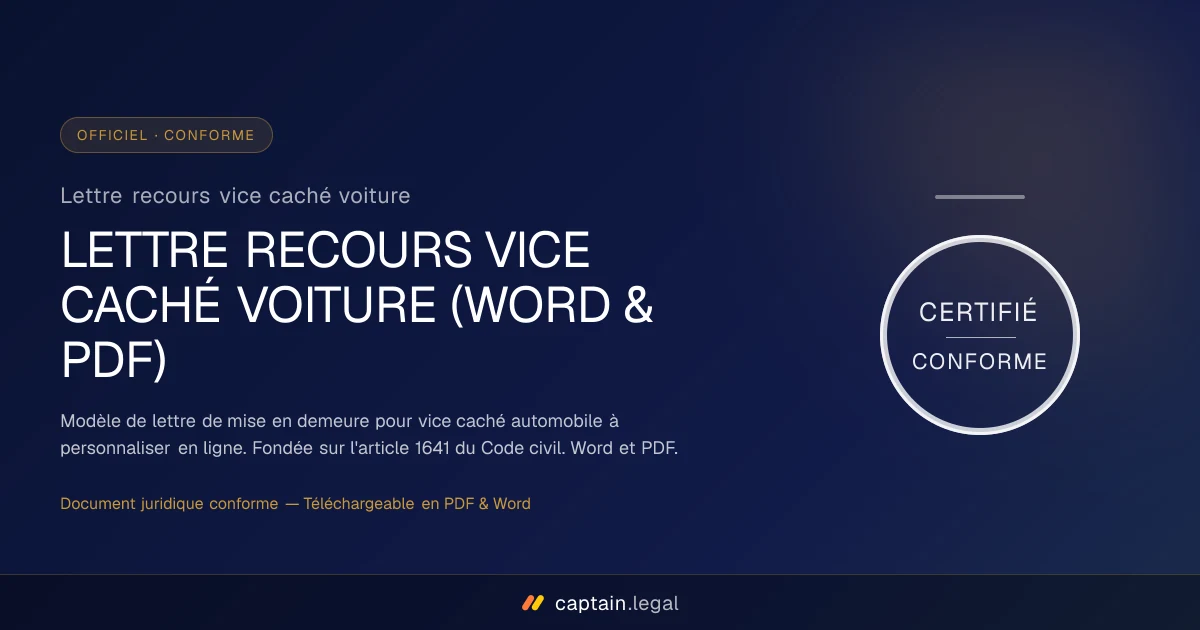 Lettre recours vice caché voiture