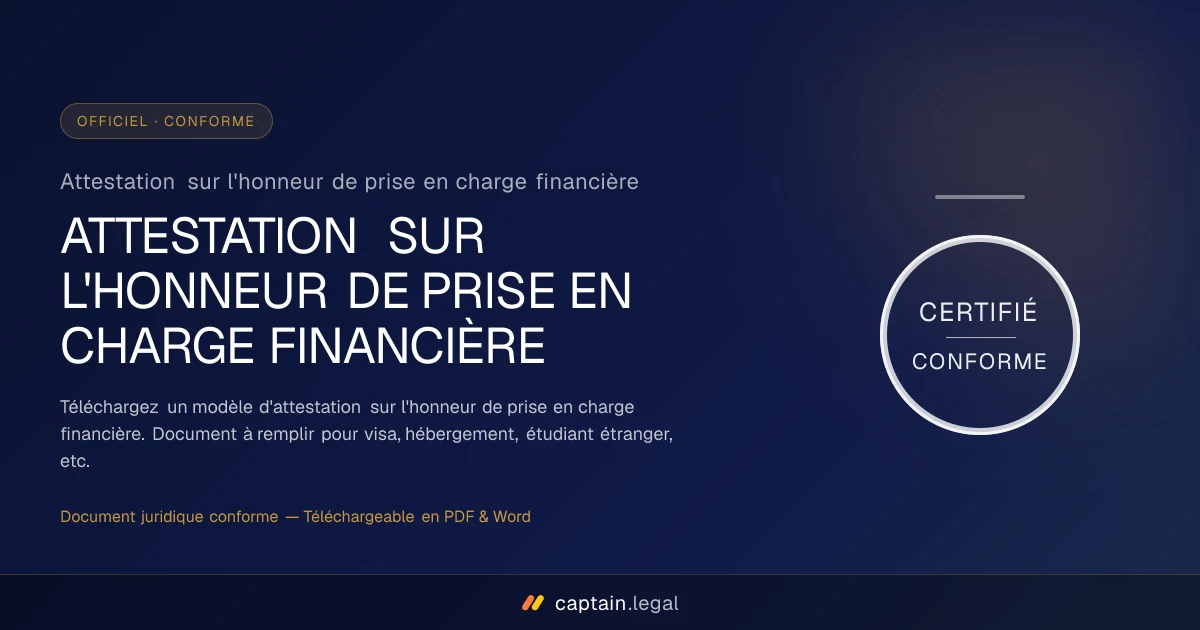Attestation sur l'honneur de prise en charge financière